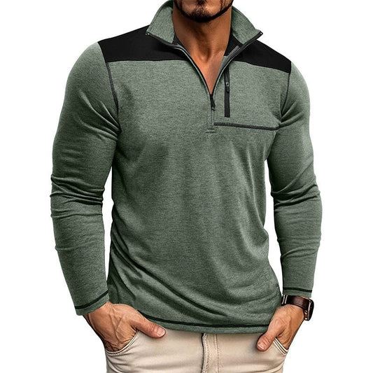 Herrtröja – Slim Fit – Mjukstickad – Halvdragkedja – Kontrastpanel – Lång ärm
