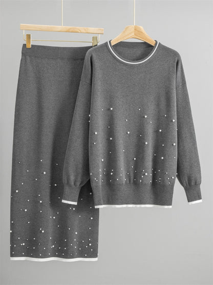 Damset med stickad topp och midikjol – Lös passform – Pärldetaljer – Ullmix