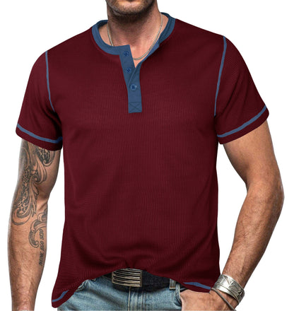 Herr Henleytröja – Slim Fit – Bomull – Kort Ärm – Ribbad Struktur
