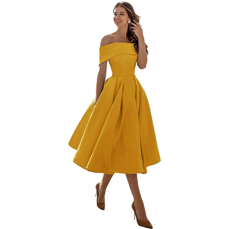 Damklänning – Off-Shoulder – Figurnära Liv – Utställd Kjol – Tealängd Elegant Stil