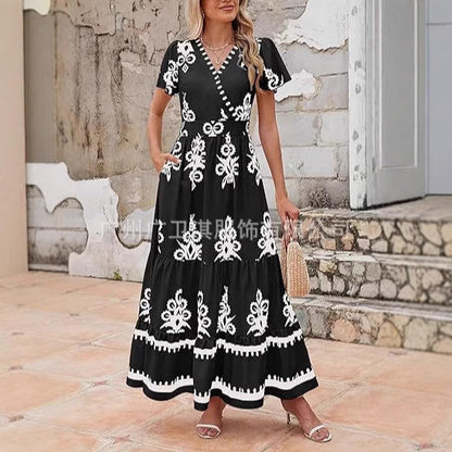 Damklänning Boho Maxilängd – V-ringad – Kort Ärm – Blommigt Tryck – A-linjeformad