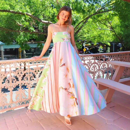 Damklänning – Spagettiband – Lätt Bomull – Lös Passform – Maxilängd – Konstnärligt Mönster