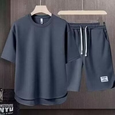 Herr Träningsset – Bomull – Avslappnad Passform – T-shirt & Shorts med Dragsko