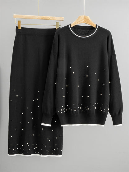 Damset med stickad topp och midikjol – Lös passform – Pärldetaljer – Ullmix