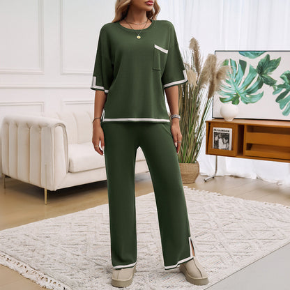 Dam Lounge Set – Stickad – Avslappnad Passform – Vida Byxor – Kontrastdetaljer