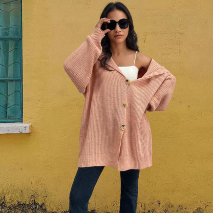 Damkofta – Oversized Passform – Stickad Struktur – Knäppning – Fickor – Lår­lång