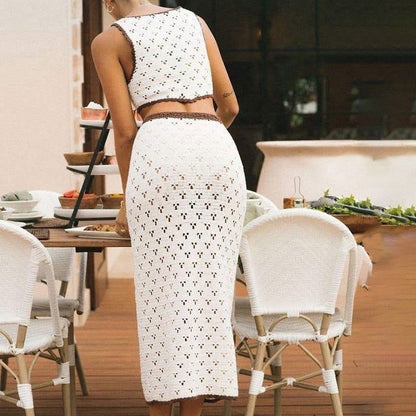 Dam Klänning Set – Slim Fit – Ärmös Crop Top – Stickad Spetsstruktur – Midi Längd