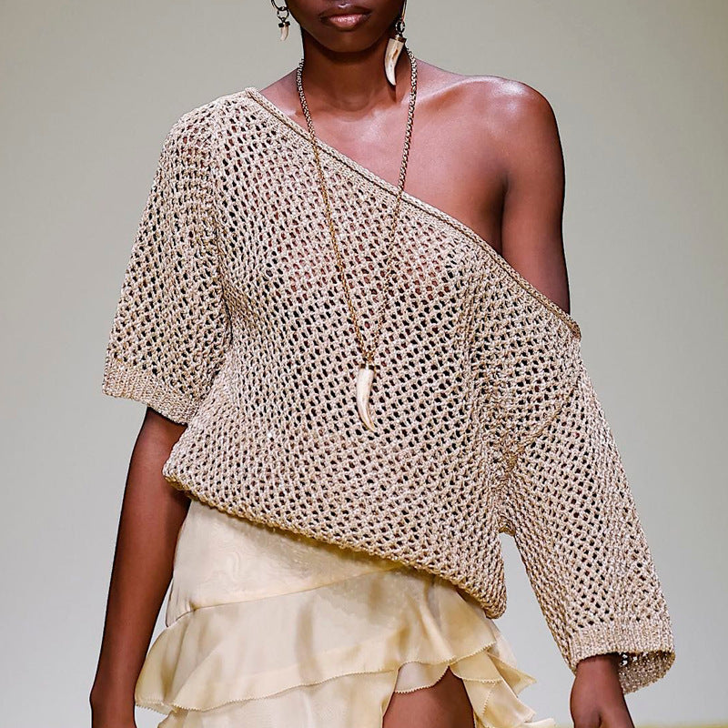 Damtröja – Avslappnad Passform – Off Shoulder – Öppenstickad – Trekvartsärm