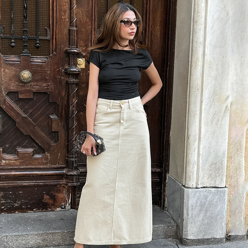 Kjol för dam – Bomull – Slim fit – Mellanlång – Hög midja – Framslits – Skräddarsydd