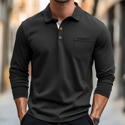 Herrpikétröja med lång ärm – Slim Fit – Bomull – Bröstficka – Knappslå