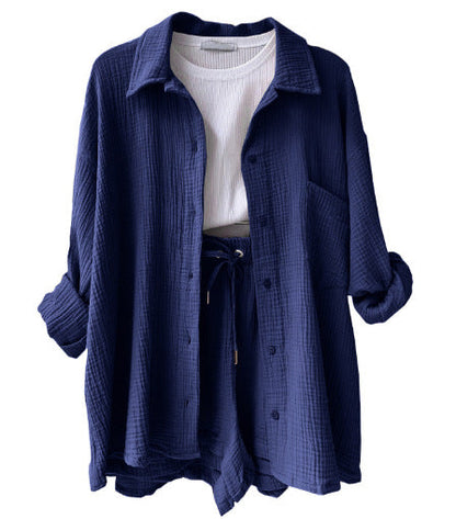 Damset – Högmidjade Shorts med Dragsko – Skjorta med Krage – Crinkle Look – Avslappnad Passform