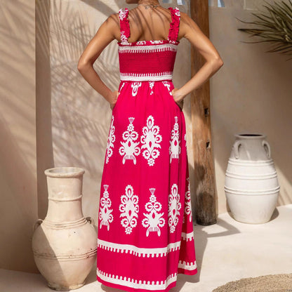 Damklänning – Bomull – A-linjeform – Rynkad Livdel – Ankelängd – Breda Axelband