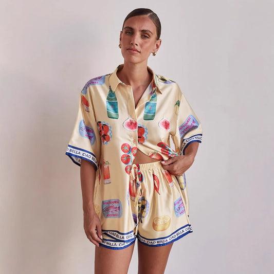 Dam Lounge Set – Satinkänsla – Avslappnad Passform – Kortärmad Skjorta & Shorts