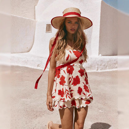 Damset tvådelat – linne – avslappnad passform – kort topp & shorts – blommigt mönster – spetsdetaljer