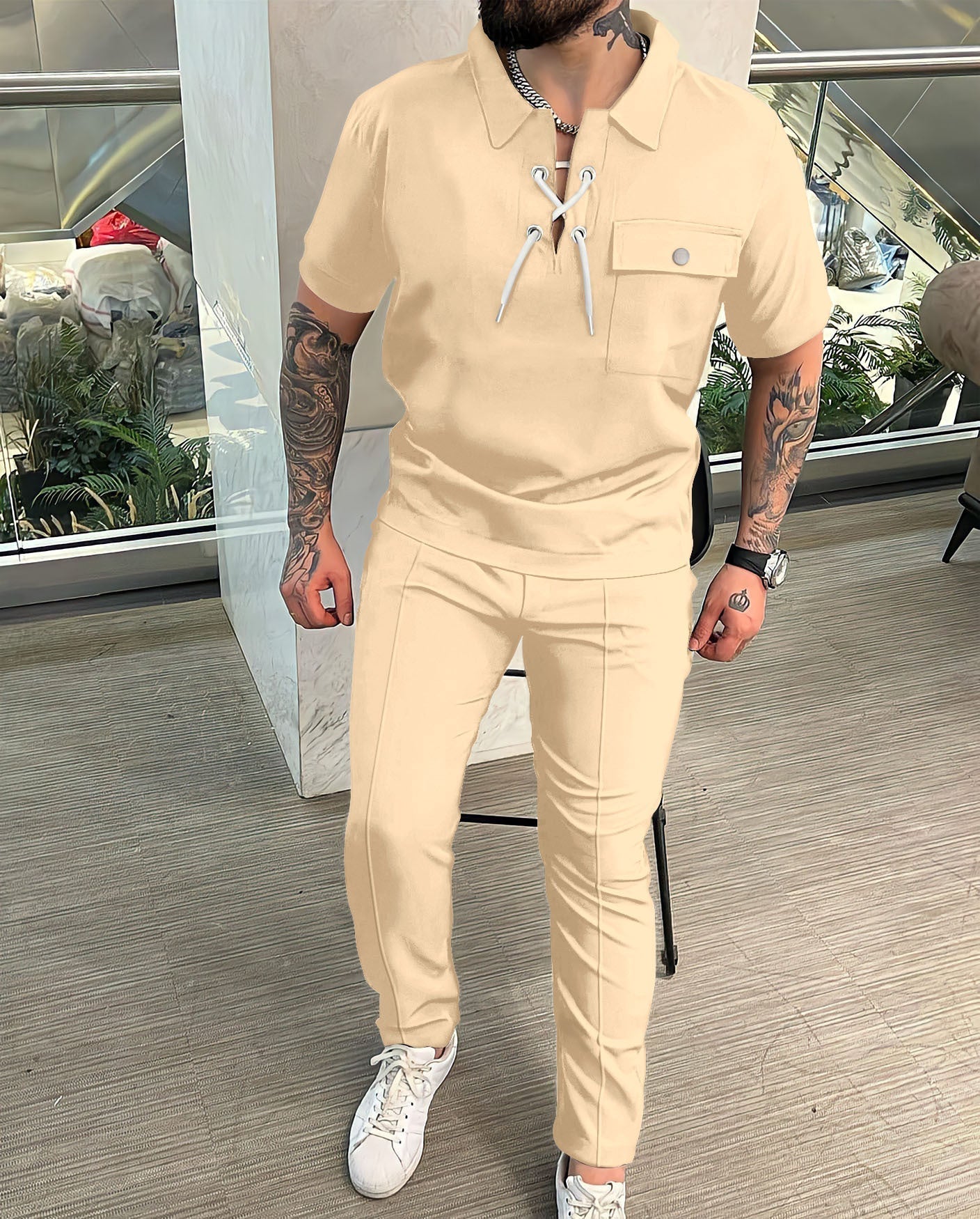 Herr Tvådelat set – Slim fit – Kortärmad med dragsko – Andningsbar stilren look