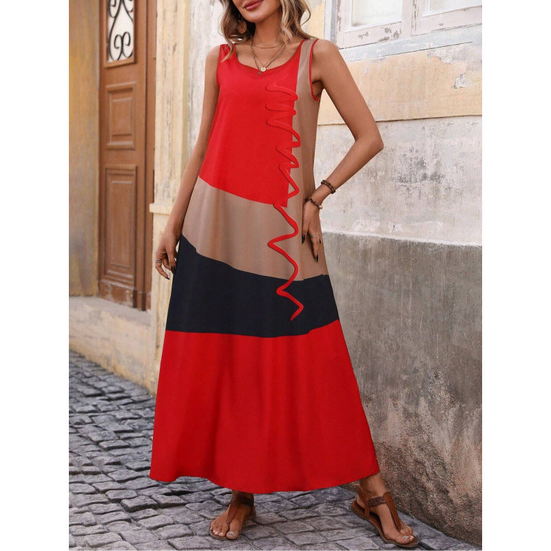 Damklänning maxi – figurnära midja – v-ringning – rynkade ärmar – grafiskt mönster