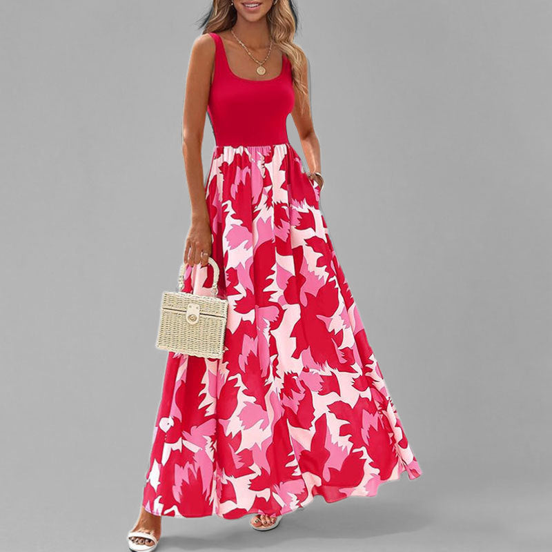 Damklänning maxi – Ärmös scoopneck – Hög midja – A-linjeformad – Tryckt mönster