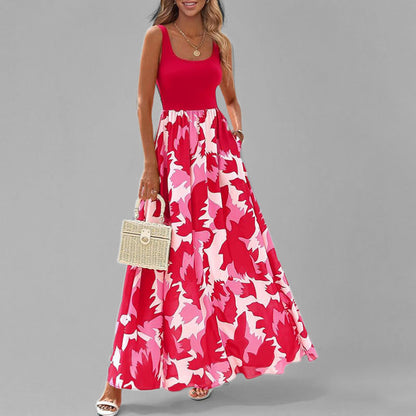 Damklänning maxi – Ärmös scoopneck – Hög midja – A-linjeformad – Tryckt mönster