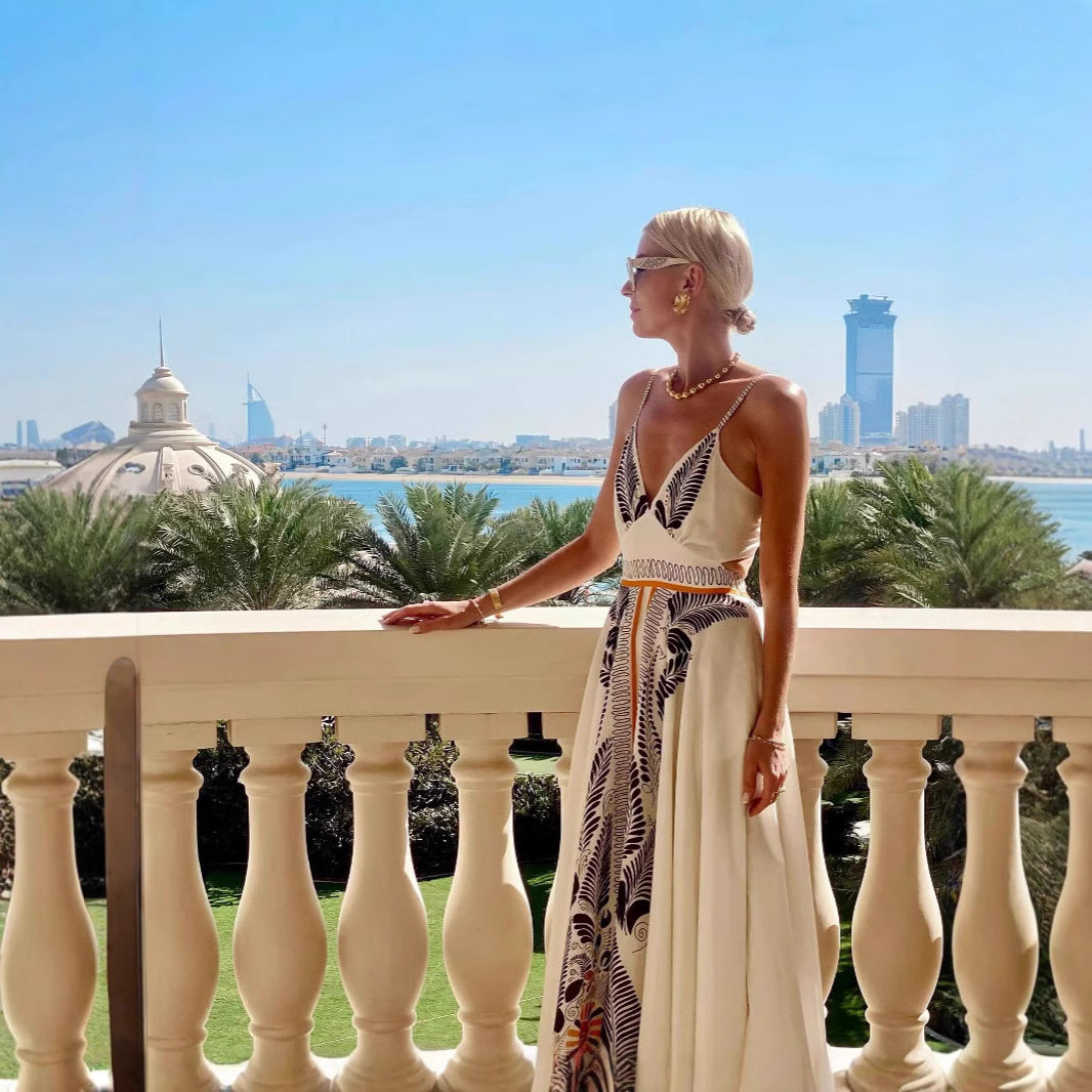 Damklänning Maxi – Halterneck – Öppen Rygg – Mönstrad – Lätt och Flödande Passform