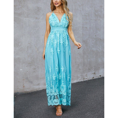 Damklänning – Maxilängd – Elegant Passform – Blommig Brodyr – Djup V-ringning