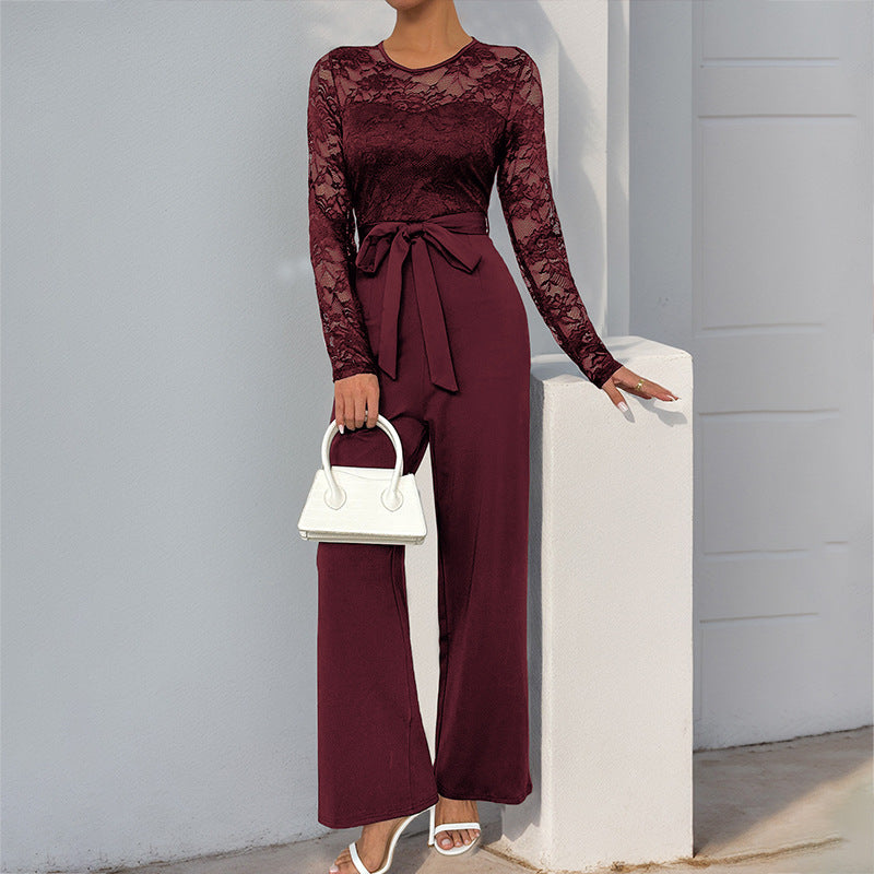 Dam jumpsuit – spetsliv – lång ärm – markerad midja – vida ben – elegant passform