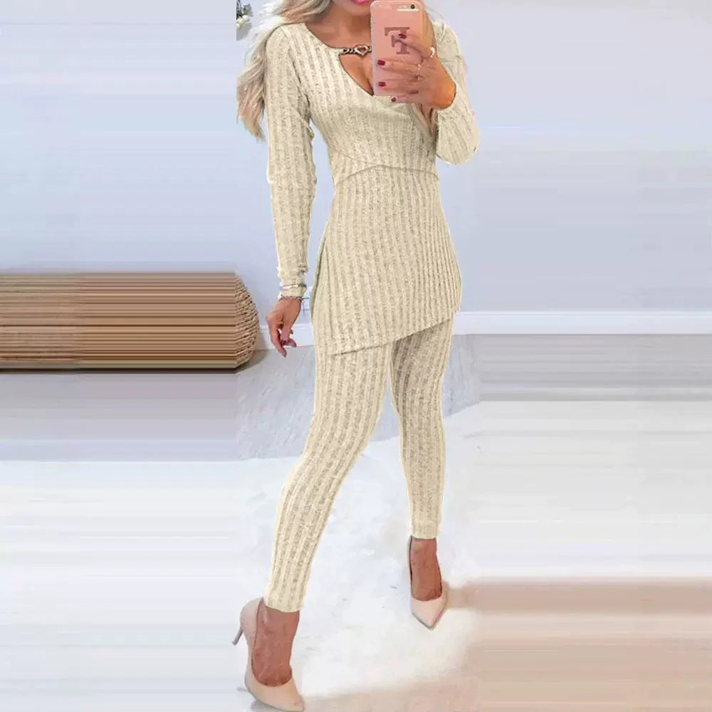 Damset med topp och leggings – Slim Fit – Ribbstickat – Hög krage