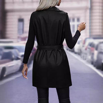 Damvästjacka – Skräddad Passform – Konstläder – Knytning i Midjan – Ärmlös Layering