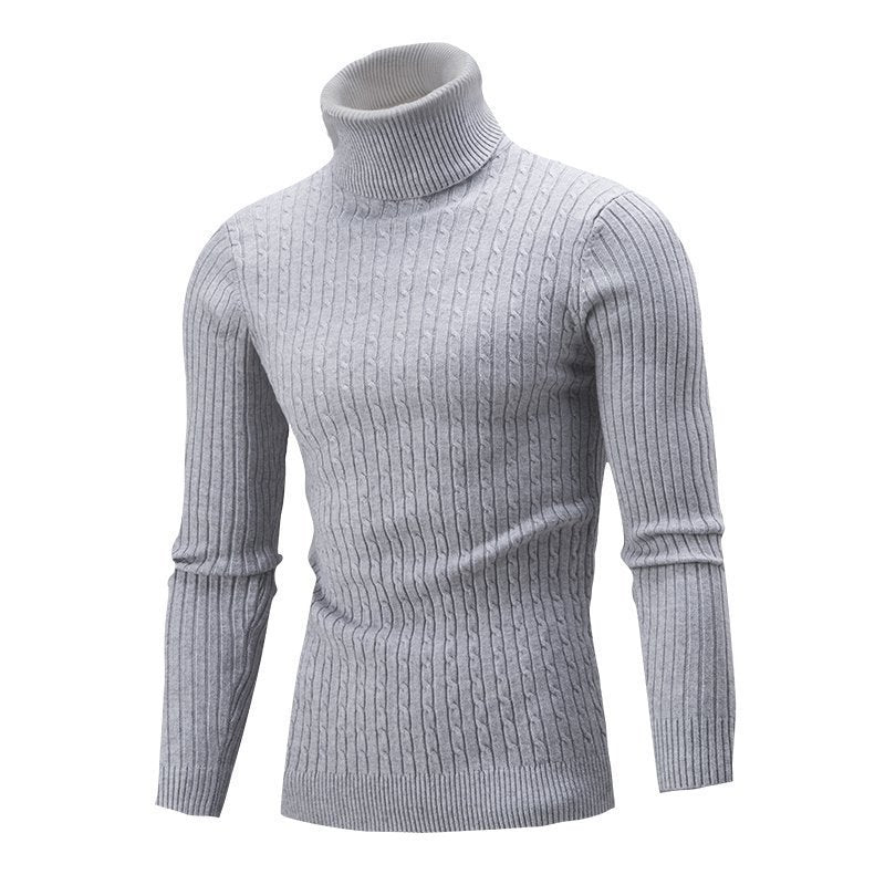 Herr Turtlenecktröja – Slim Fit – Ullstickad – Kabelstickning – Ribbade detaljer