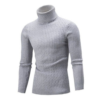 Herr Turtlenecktröja – Slim Fit – Ullstickad – Kabelstickning – Ribbade detaljer