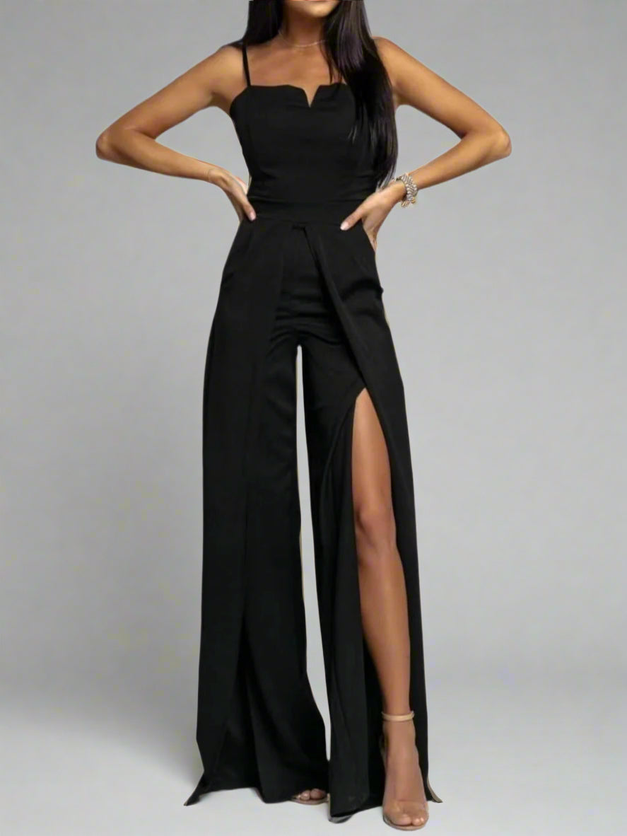 Dam jumpsuit – Smickrande slim fit – Axelbandslös – Vida ben med frontslitsar