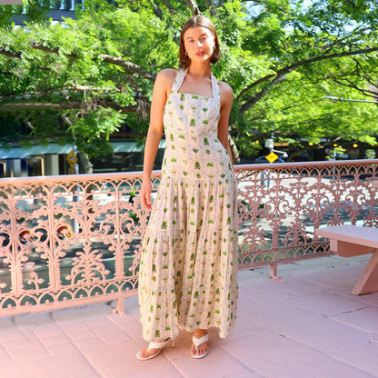 Damklänning halterneck – Smockliv – A-linjeformad – Öppen rygg – Bomull maxi