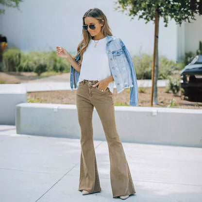 Damjeans – Hög Midja – Flared Passform – Hellånga med Rå Kant – Stretchdenim