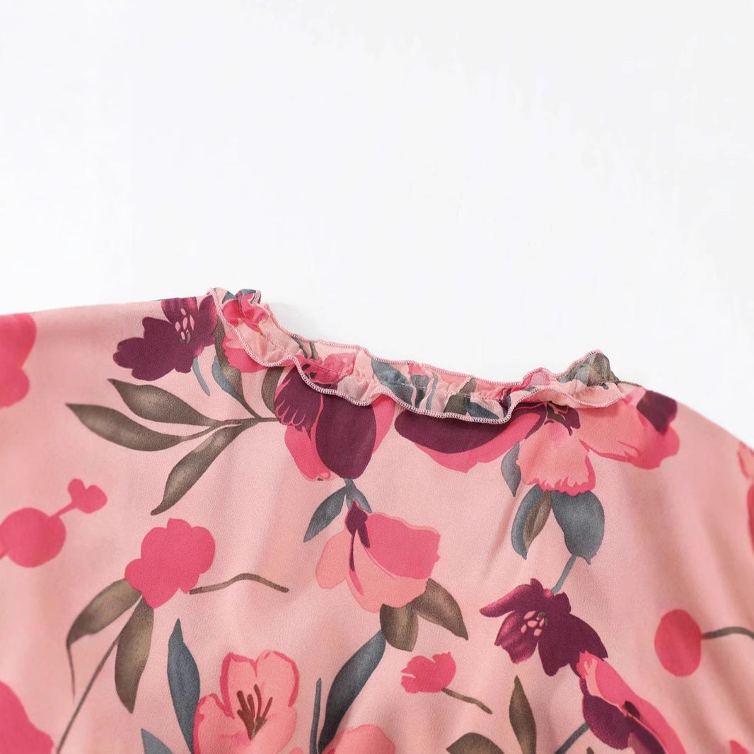 Damklänning i maxilängd – Chiffon – Bohemisk passform – V-ringning – Lång ärm – Blommig