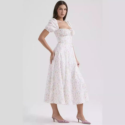 Damklänning midi – A-linjeformad – Puffärm – Fyrkantig halsringning – Bomull