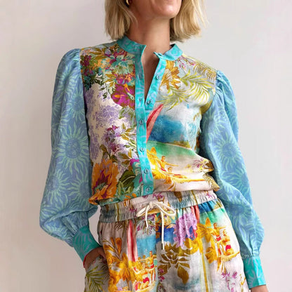 Damset med skjorta och shorts – Linne – Avslappnad passform – Print – Dragsko i midja