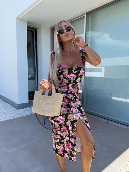 Damklänning – Slim Fit – Blommigt Mönster – Volangband – Sidoslits – Luftigt Tyg