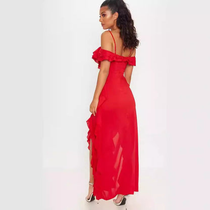 Damklänning – Lång Chiffon – Smal Passform – Spagettiband – Off-Shoulder Volang