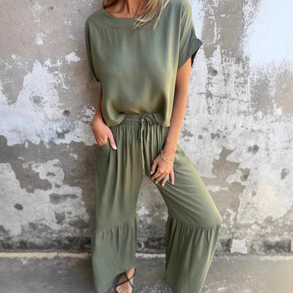 Damset i två delar – Linnenbomull – Avslappnad passform – Korta ärmar – Vida ben