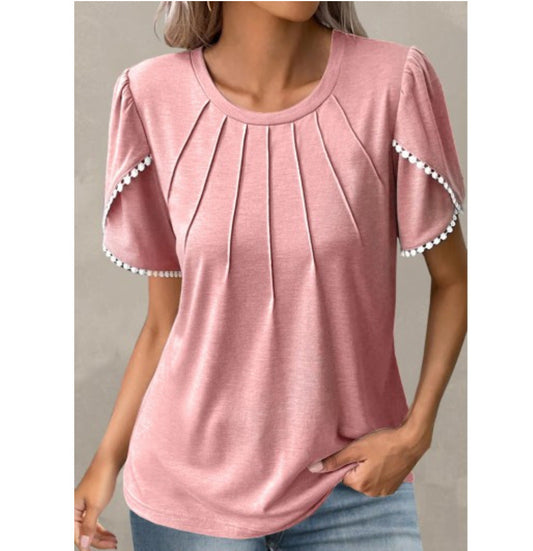 Dam T-shirt – Avslappnad Passform – Mjukstickad – Volangärm – Veckad Front – Pom-Pom Detalj