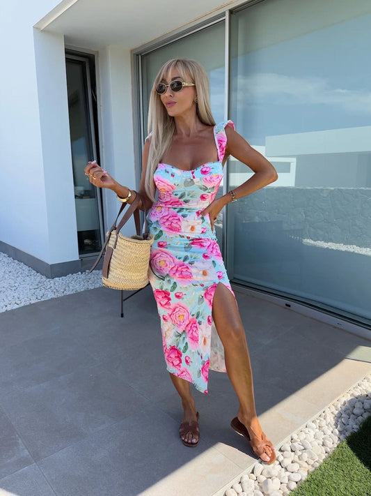 Damklänning – Slim Fit – Blommigt Mönster – Volangband – Sidoslits – Luftigt Tyg