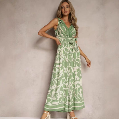 Damjumpoverall – V-ringning ärmlös – Avslappnad passform – Knytmidja – Print hel längd