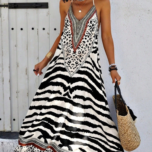 Damklänning maxi – V-ringning – A-linjeform – Djurmönster – Tunna axelband