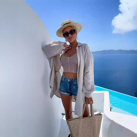 Damkofta – Lång Oversize Passform – Lätt Bomull – Öppen Front – Paljettmotiv Bak