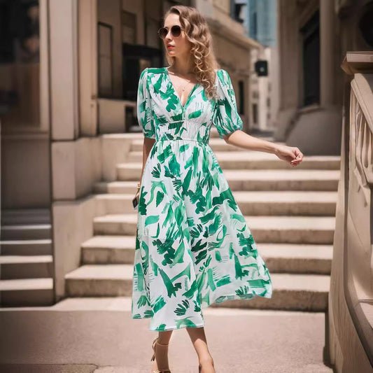 Damklänning Midi – Figursydd Midja – V-ringning – Puffärmar – Andningsbar Mix – Mönstrad