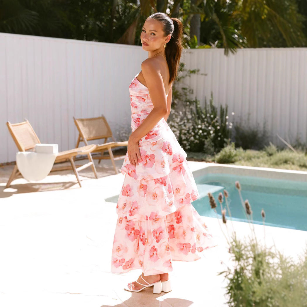 Damklänning maxi – A-linje – One shoulder – Rynkat liv – Volanger – Mönstrad