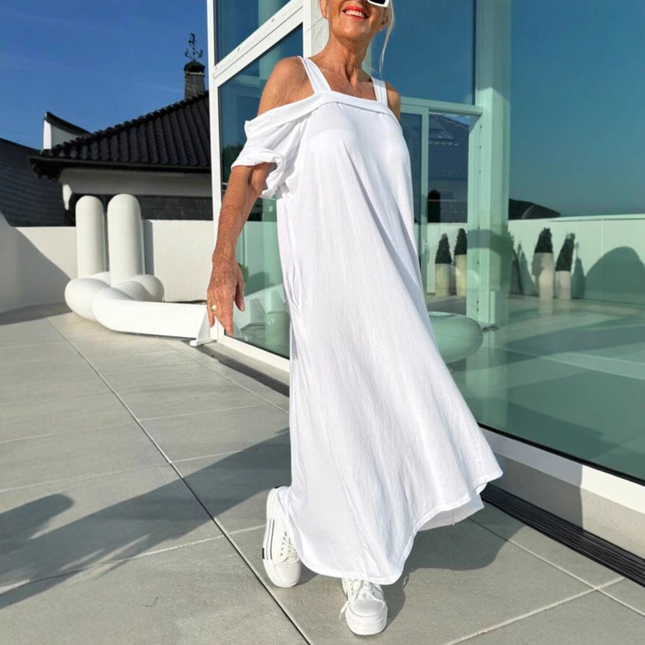 Damklänning Maxi – Off shoulder med axelband – Avslappnad passform – Bomull