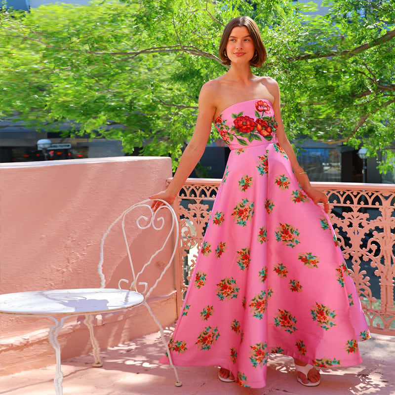 Damklänning för kväll – Satin – Smal passform – Axelbandslös – Blommigt tryck – Hellång