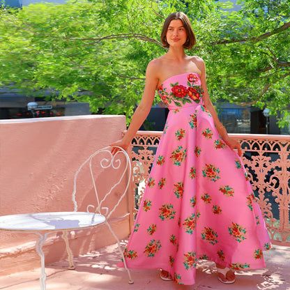 Damklänning kväll – Axelbandslös satinklänning – A-linjeskuren – Blommigt tryck