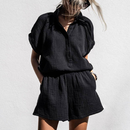Dam Lounge Set – Bomull – Avslappnad Passform – V-ringad Top med Knappar – Shorts med Resårmidja