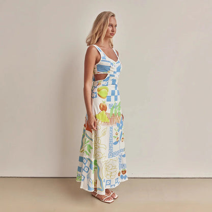 Damklänning maxi – A-linjeformad passform – Spagettiband – V-ringning – Skuren midja – Tryckt mönster